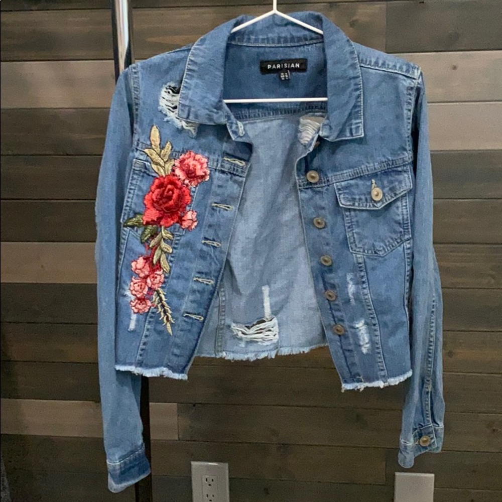 Parisian Works Distressed Crop Mid-blue Denim Jacket with Floral Embroidery Sz4